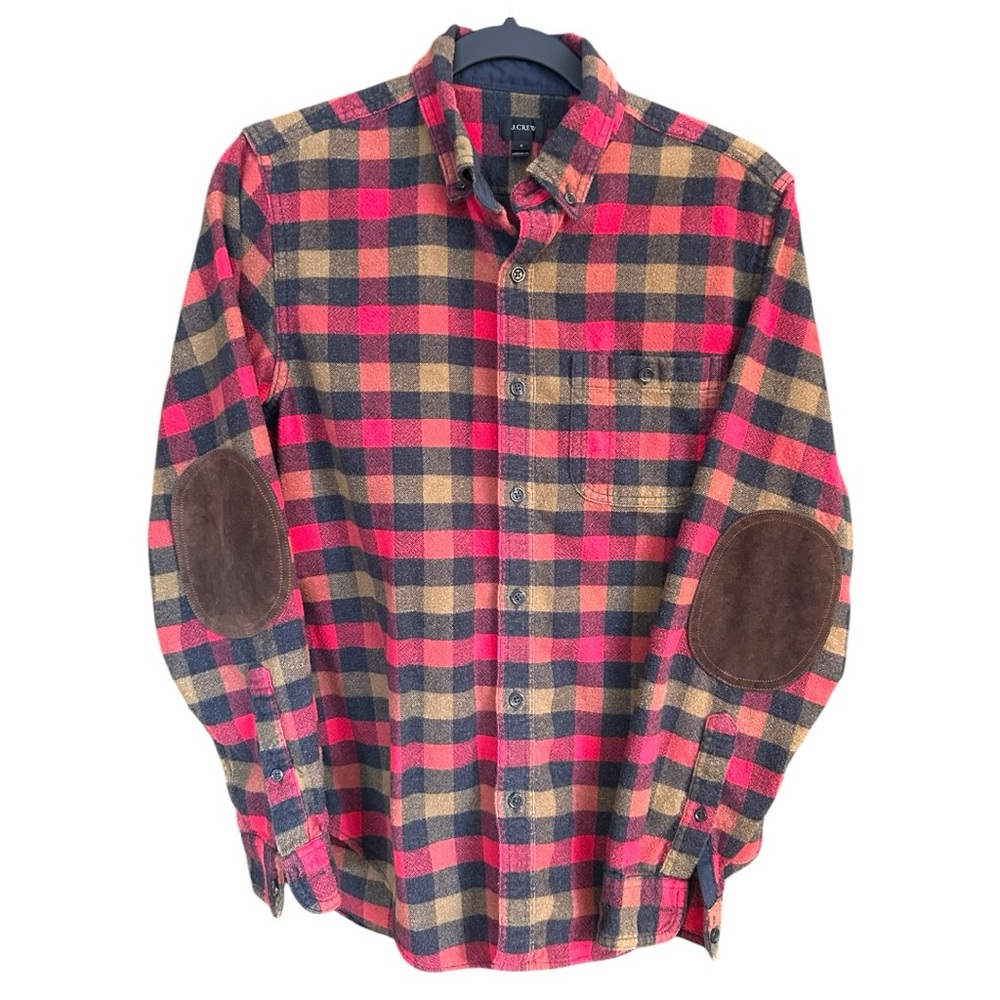 J Crew Size S Men's Cotton Wool Blend Checked Shirt Slim Fit Leather Elbow Patch